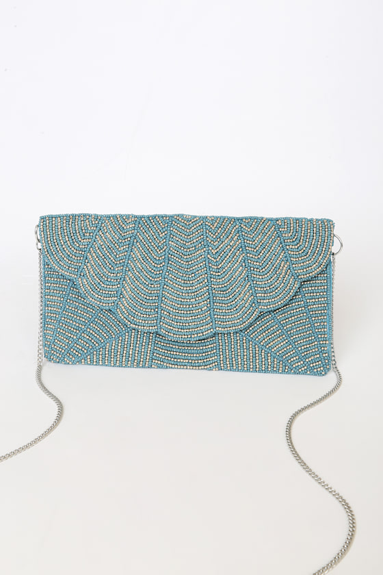 blue beaded clutch
