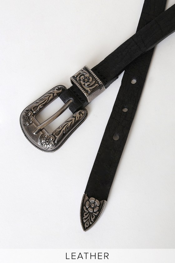 Black Leather Belt - Genuine Leather Belt - Floral Buckle Belt - Lulus