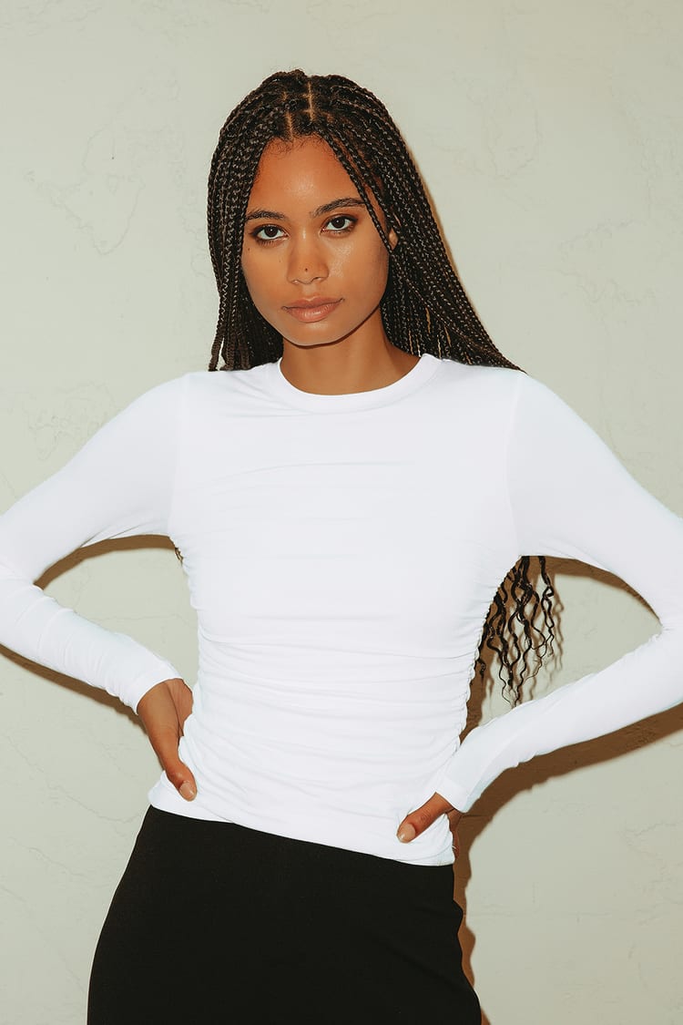 White Long Sleeve Top - Ruched Side Top - Gathered Top -