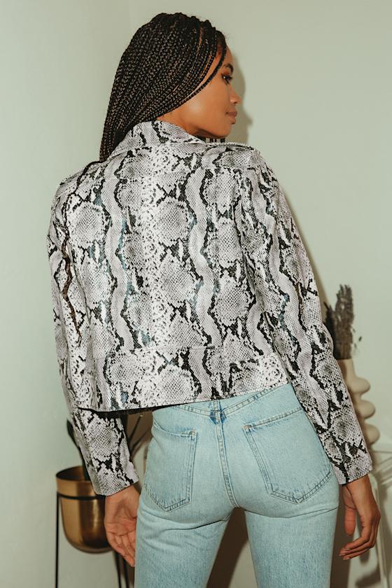 Watch Out Taupe Snake Print Vegan Leather Moto Jacket 7