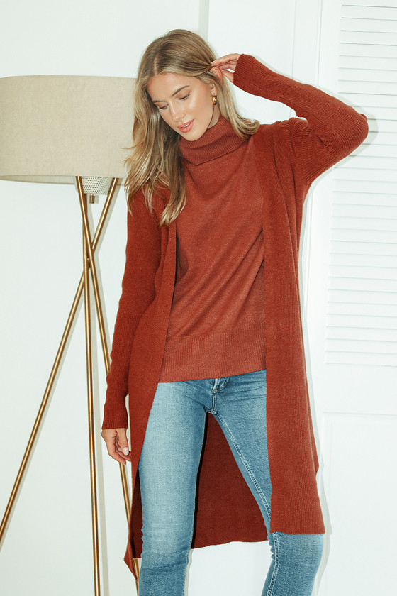 Rust Red Cardigan - Open-Front Cardigan - Long Cardigan Sweater - Lulus