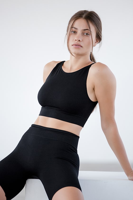 Basic Black Sports Bra HighNeck Sports Bra Seamless Bra Top Lulus