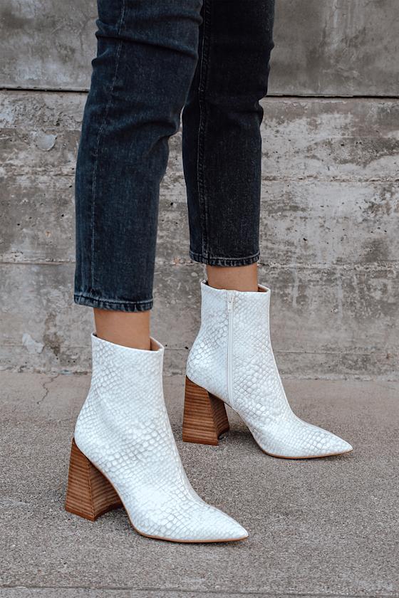 Envied White and Grey Snake Pointed-Toe Mid-Calf Boots 2