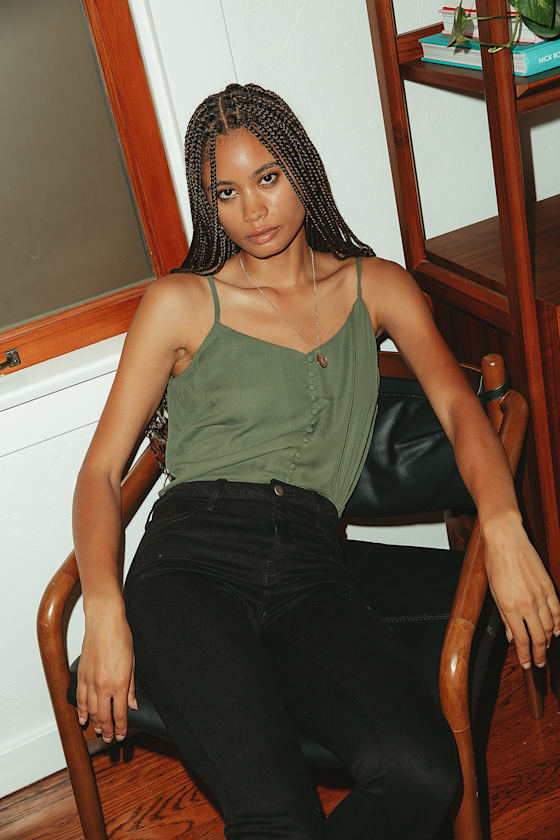 Must Be Love Olive Green Button-Front Cami Top 3