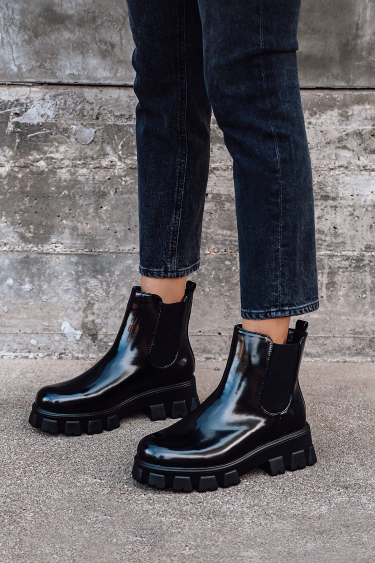 newness hellige fortryde Black Patent Boots - Platform Chelsea Boots - Chunky Ankle Boots - Lulus