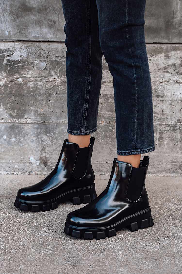 newness hellige fortryde Black Patent Boots - Platform Chelsea Boots - Chunky Ankle Boots - Lulus