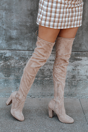 beige suede thigh high boots