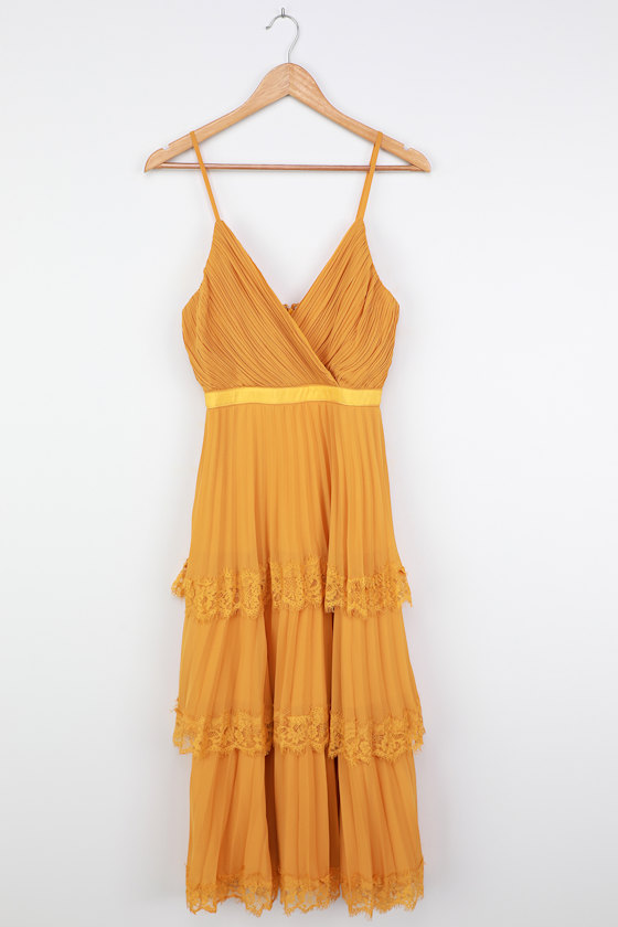 mustard pleated midi dress