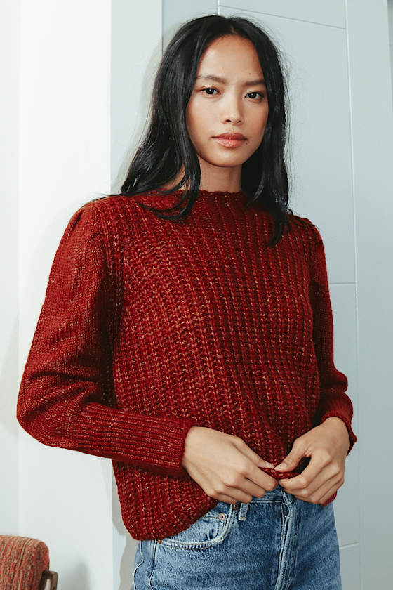 Go Cozy Burgundy Chunky Knit Puff Sleeve Sweater 6