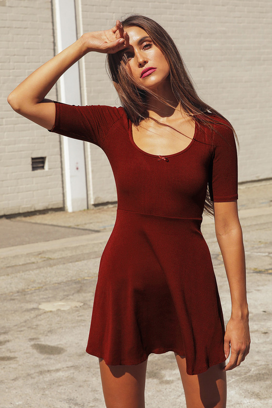 Burgundy Skater Dress - Ribbed Mini Dress - Half Sleeve Dress - Lulus