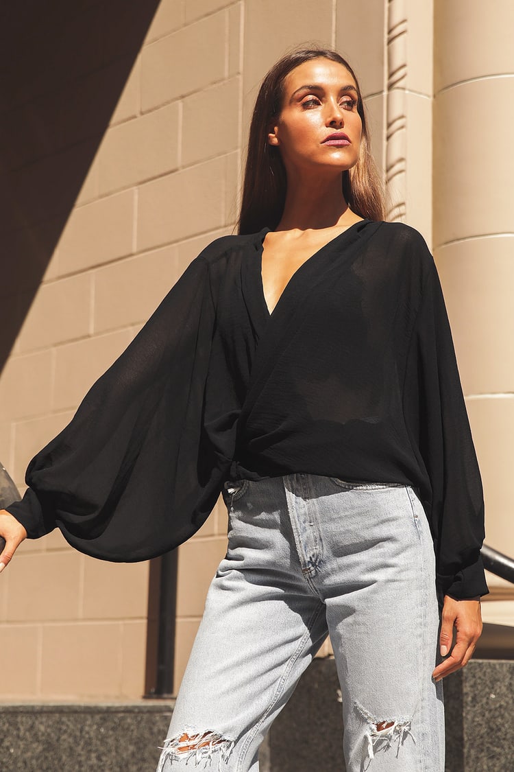 Vågn op produktion tåbelig Black Chiffon Top - Batwing Long Sleeve Top - Oversized Blouse - Lulus