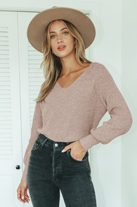 Cuddly Classic Heather Taupe Ribbed Knit Balloon Sleeve Sweater