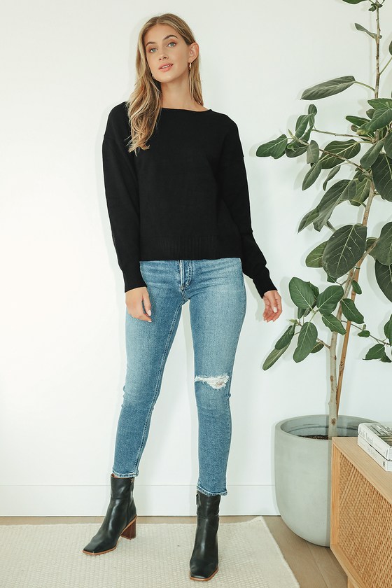 Black Sweater - Drop Shoulder Sweater - Cozy Knit Sweater Top - Lulus