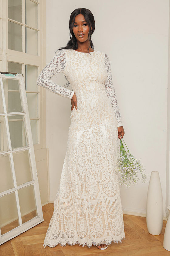 Say I Do White Lace Long Sleeve Mermaid Maxi Dress