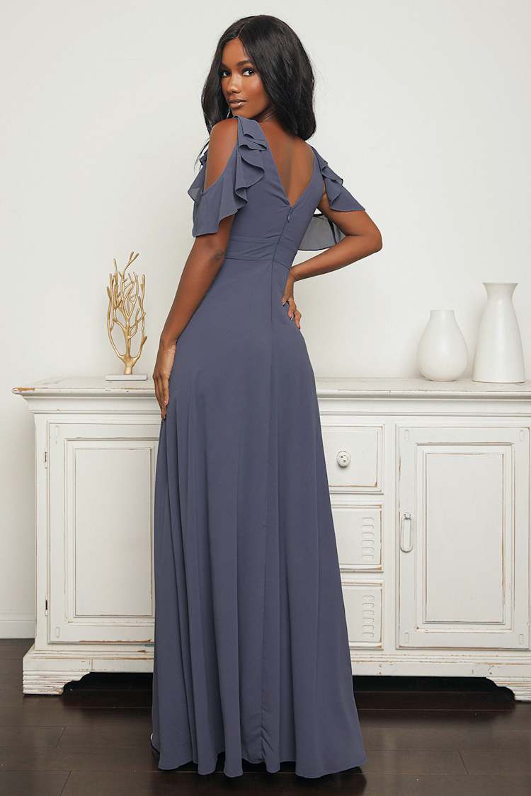 Denim Blue Maxi Dress - Ruffled Gown - Cold-Shoulder Maxi Dress