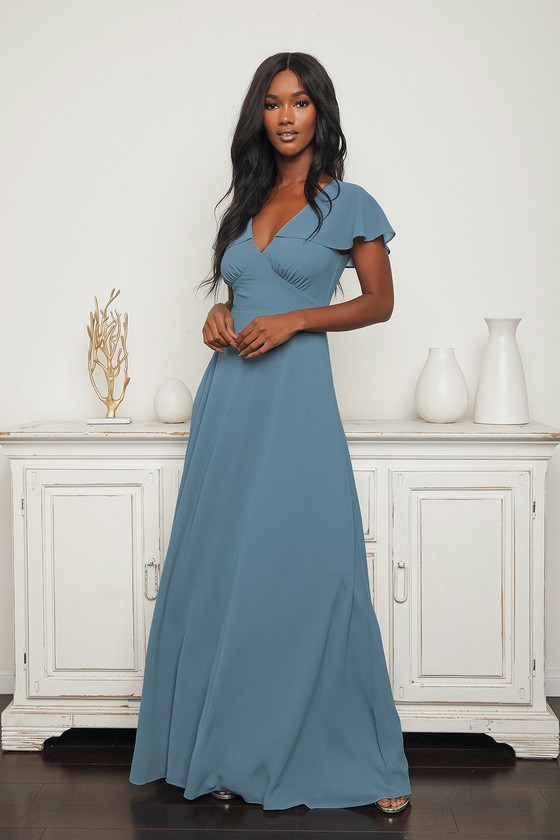 Heart of Passion Slate Blue Flutter Sleeve Lace-Up Maxi Dress