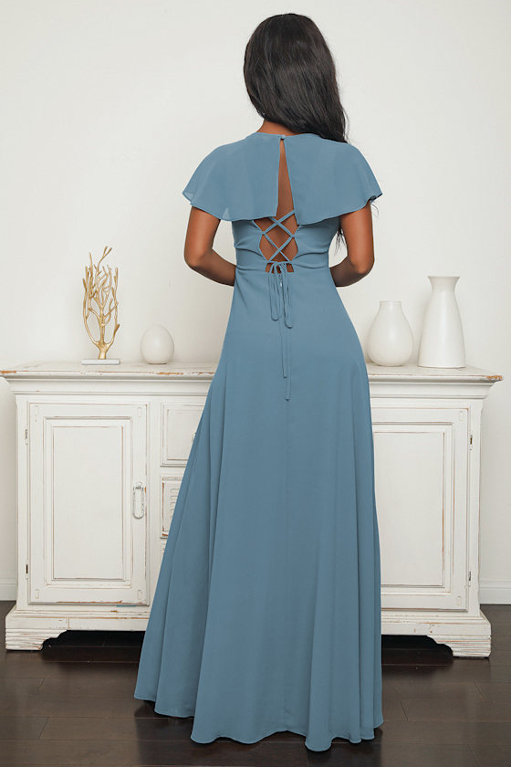 Heart of Passion Slate Blue Flutter Sleeve Lace-Up Maxi Dress 5