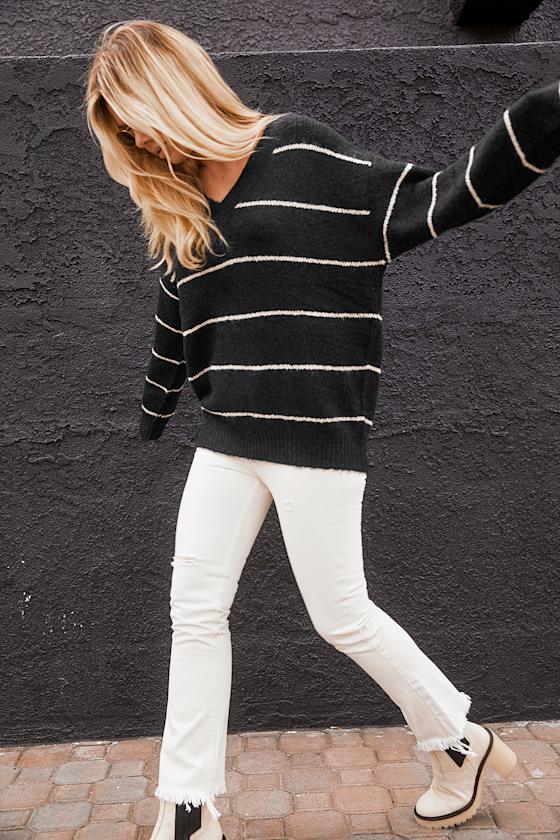LUSH Black Striped Sweater - Oversized Sweater - V-Neck Sweater - Lulus