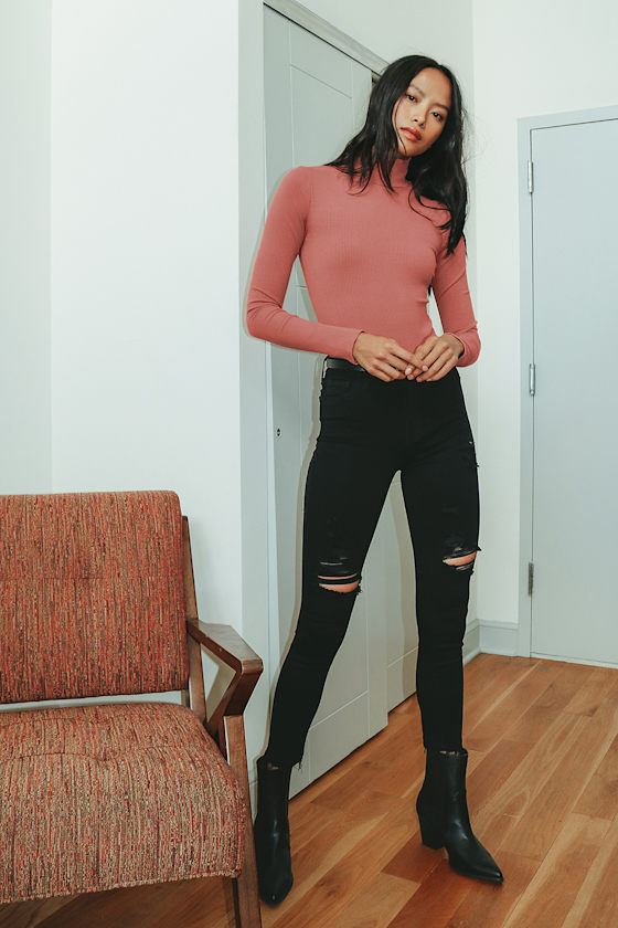 Wilde Rusty Rose Ribbed Long Sleeve Mock Neck Bodysuit 5