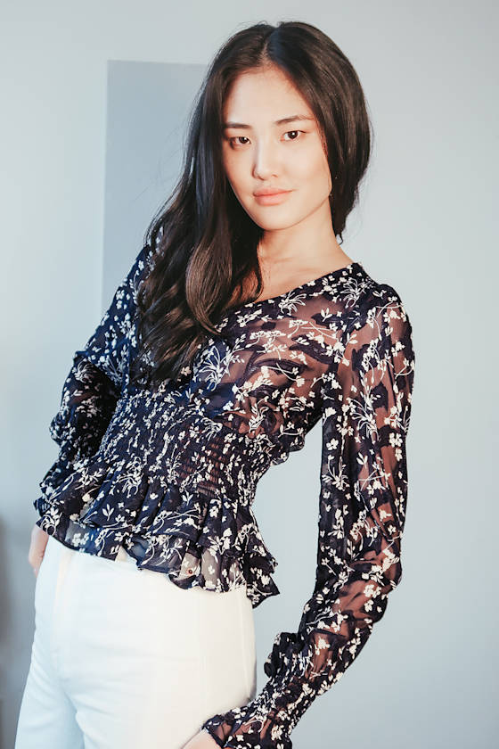 Navy Blue Floral Top - Ruffled Long Sleeve Top - Smocked Top - Lulus