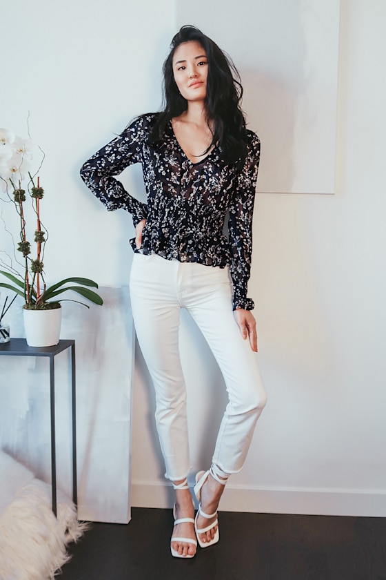 Navy Blue Floral Top Ruffled Long Sleeve Top Smocked Top Lulus