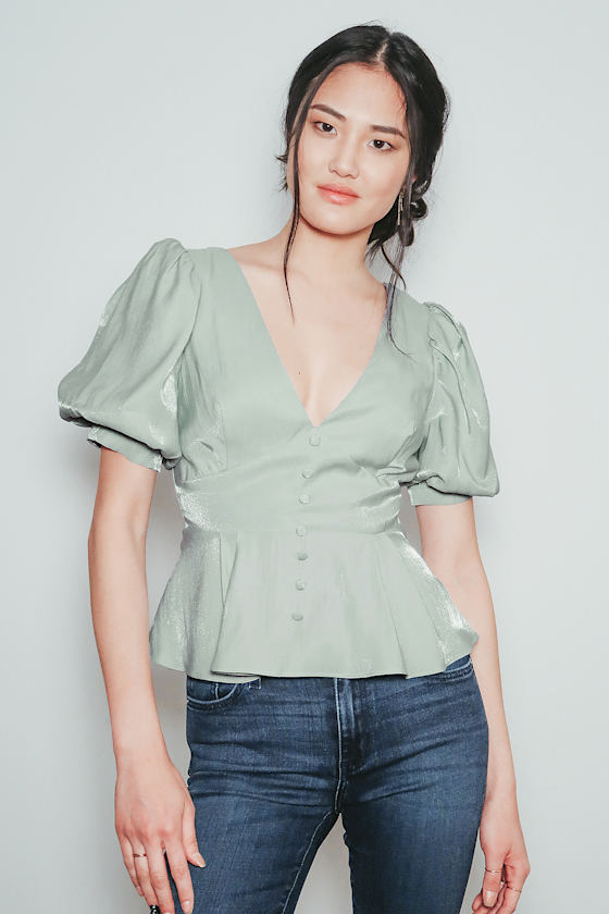 Always Entertaining Light Sage Puff Sleeve Tie-Back Peplum Top 7