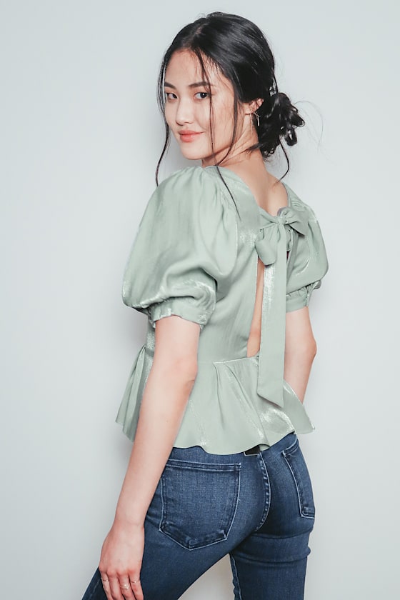 Always Entertaining Light Sage Puff Sleeve Tie-Back Peplum Top 5