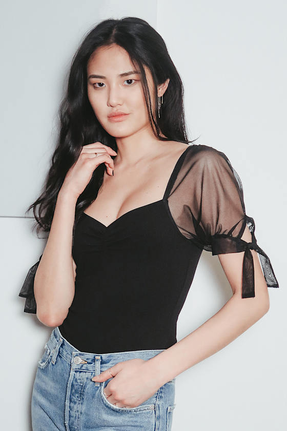 Chic Black Bodysuit - Puff Sleeve Bodysuit - Mesh Sleeve Bodysuit - Lulus