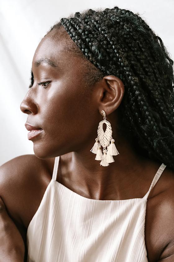 Boho Beauty Gold and Ivory Tassel Earrings 1