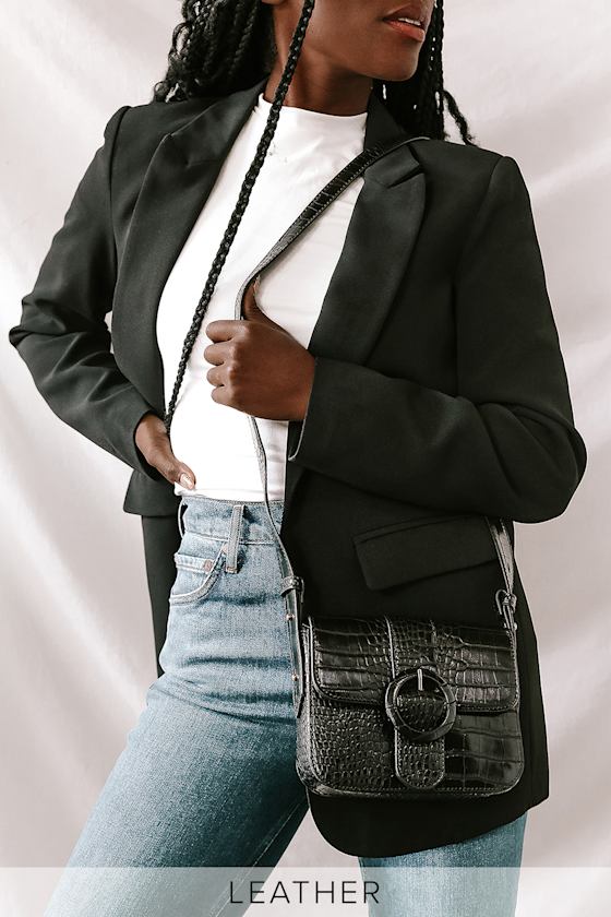 Black Mini Handbag Leather Crossbody Bag Black Croc Purse Lulus