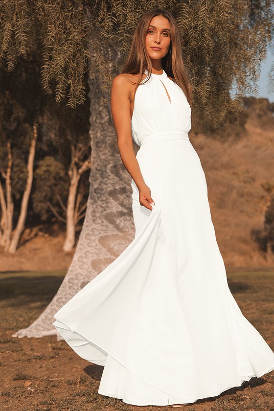 white maxi halter dress for engagement photos engagement session micro wedding dress