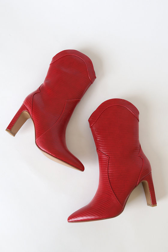 Everley Red Snake Pointed-Toe Mid-Calf Boots 3