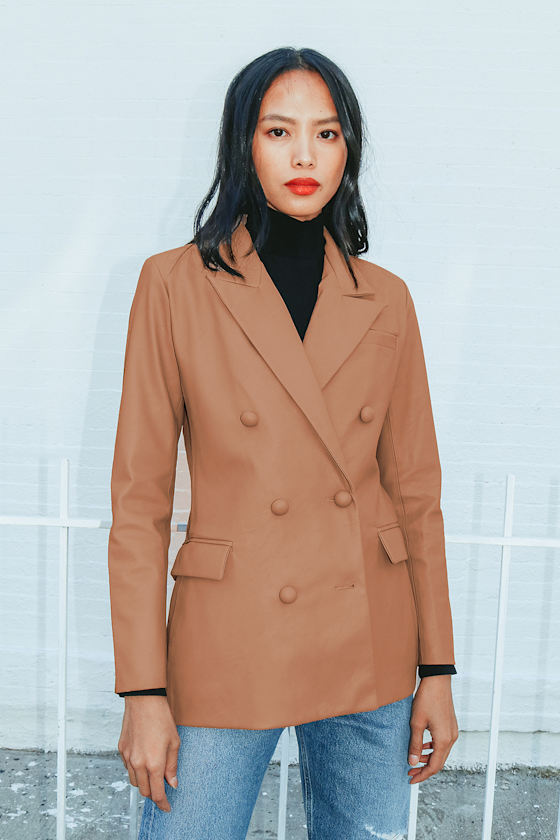 Hold Up Tan Vegan Leather Double Breasted Blazer 4