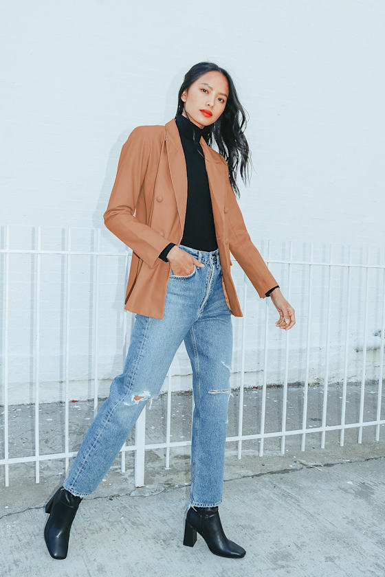 Hold Up Tan Vegan Leather Double Breasted Blazer 7