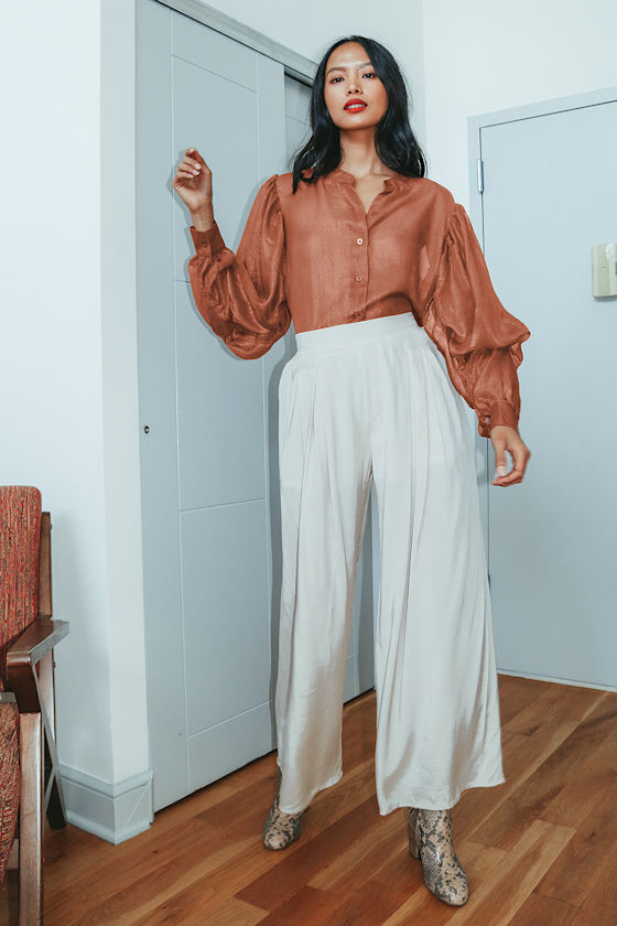 Keep Your Shine On Brown Puff Sleeve Button-Up Top 6