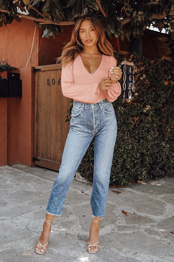 Cute Blush Bodysuit VNeck Bodysuit Balloon Sleeve Bodysuit Lulus