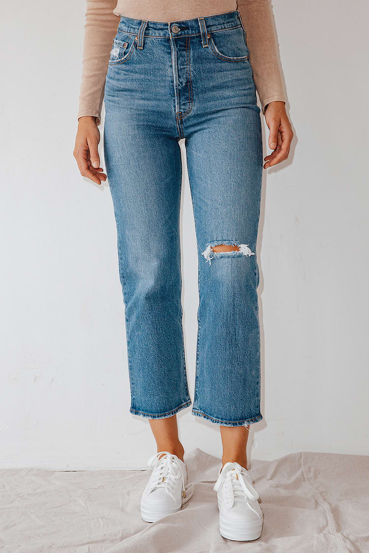 Ribcage Medium Wash Distressed Straight Ankle Jeans