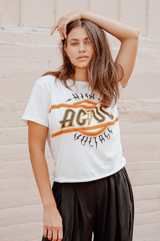 Retro Brands AC/DC Tee - Off White Graphic Tee - Short Sleeve Top - Lulus