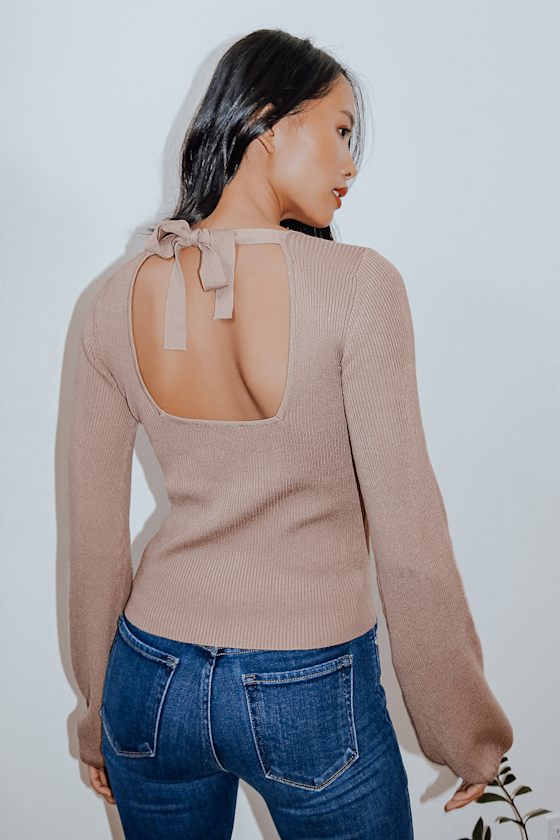 Keep 'Em Guessing Beige Ribbed Balloon Sleeve Sweater Top 1