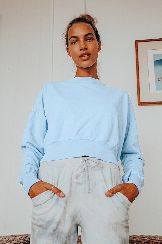 light blue cropped sweatshirt