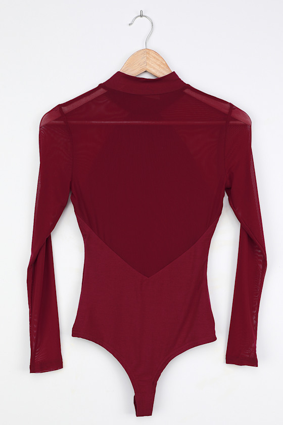 Sexy Burgundy Bodysuit Mesh Bodysuit Mock Neck Bodysuit Lulus