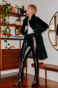 Going for Regal Dark Forest Green Faux Fur Long Coat