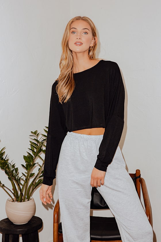 Cute Black Tee Long Sleeve Tee Cropped Dolman Top Lulus