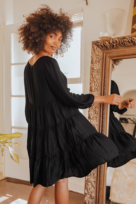 So Blissful Black Tiered Three-Quarter Sleeve Babydoll Dress 4