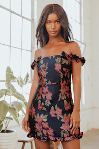 Pop the Bottle Navy Blue Floral Jacquard Ruffled Mini Dress