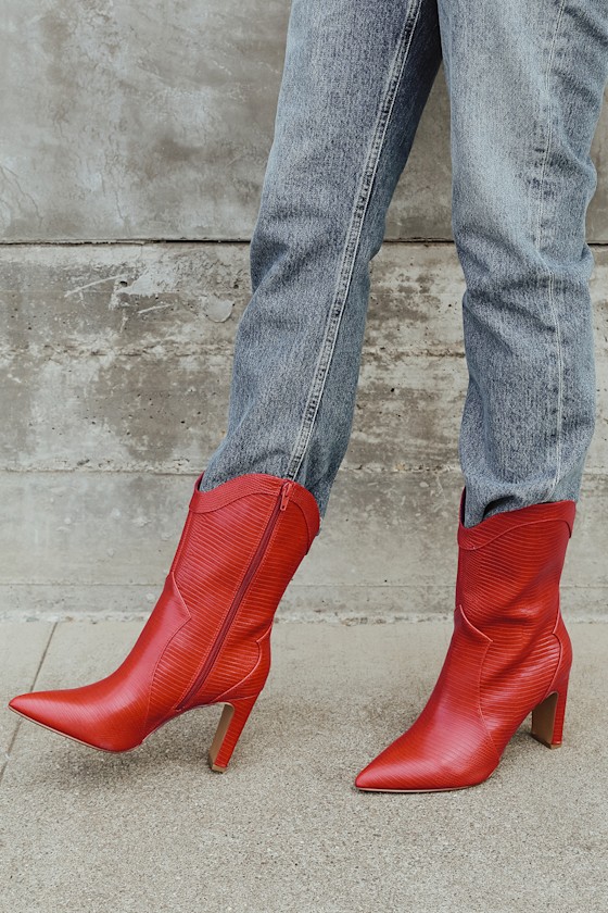 Everley Red Snake Pointed-Toe Mid-Calf Boots 1