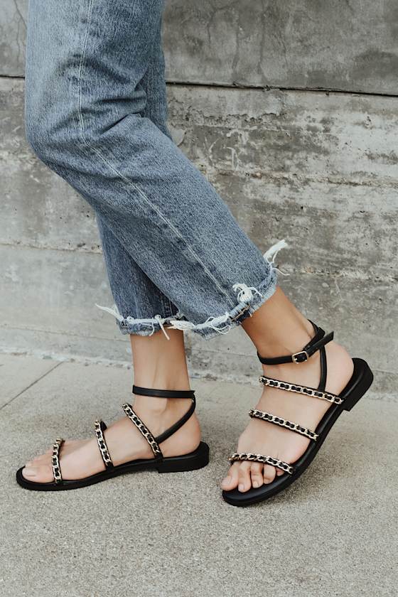 Telsa Black Multi Strappy Chain Flat Sandals 1