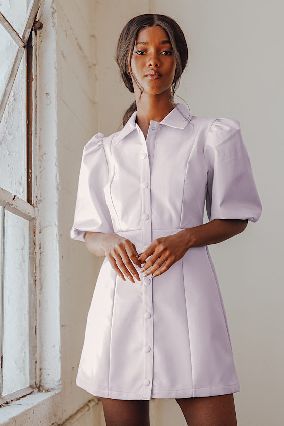 Cool Style Lavender Vegan Leather Puff Sleeve Button-Up Dress 7