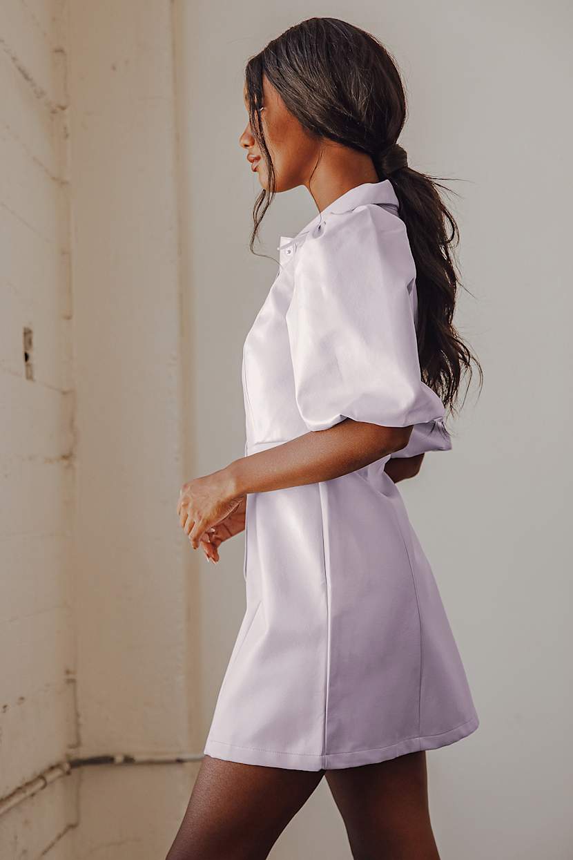 Lavender Mini Dress - Vegan Leather Dress - Puff Sleeve Dress - Lulus
