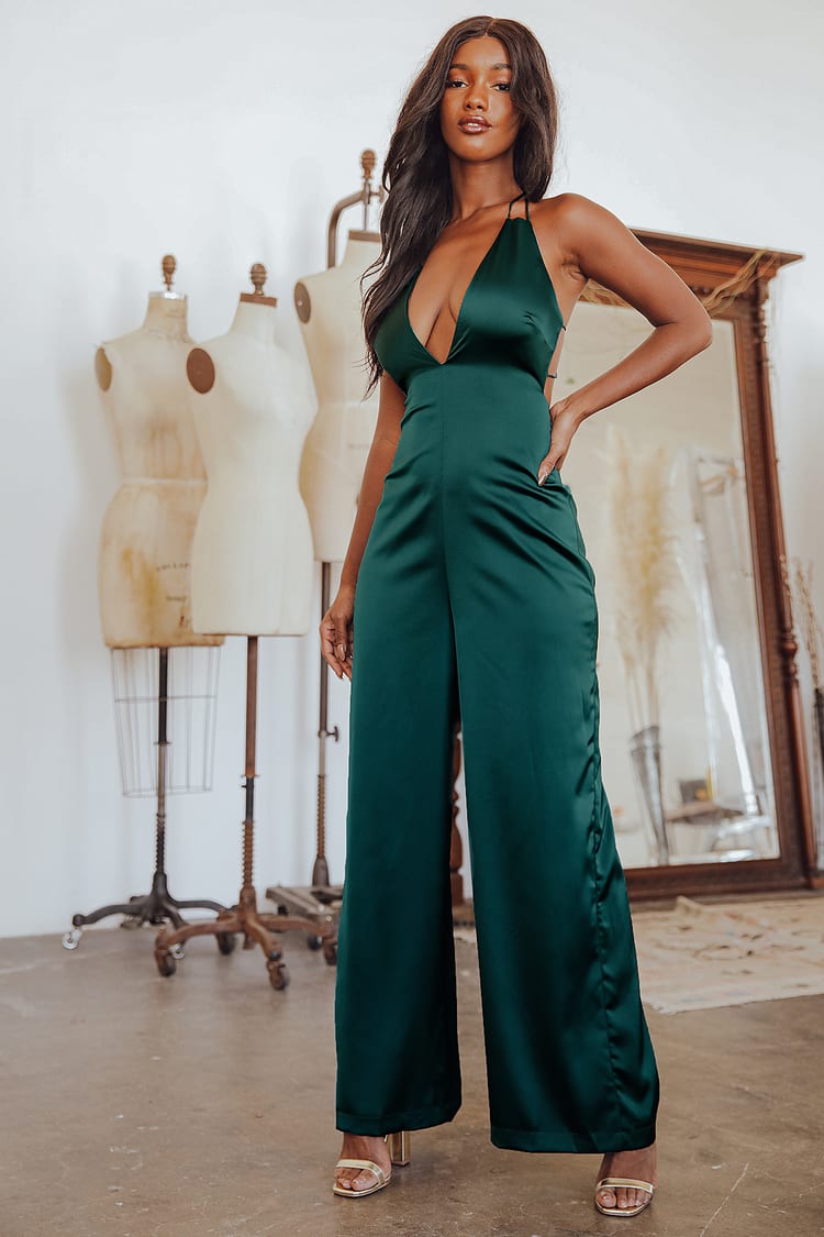 Hold that Pose Emerald Green Satin Jumpsuit